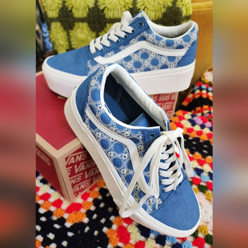 Vans Shoes Old Sko Stac Embroidered Denim Blue Size 8 New